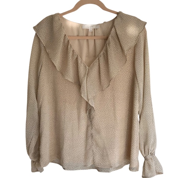 Loft Dotted Cream Beige V Neck Ruffle Lined Long Sleeve Crepe Career Blo… - Picture 7 of 14